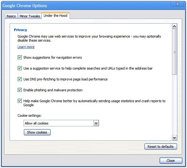 Chrome privacy options